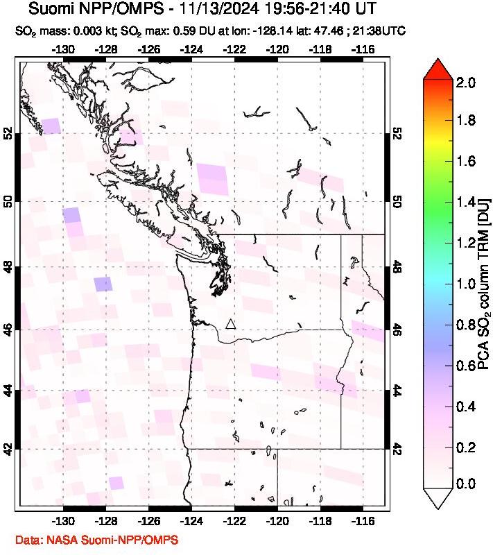 A sulfur dioxide image over Cascade Range, USA on Nov 13, 2024.