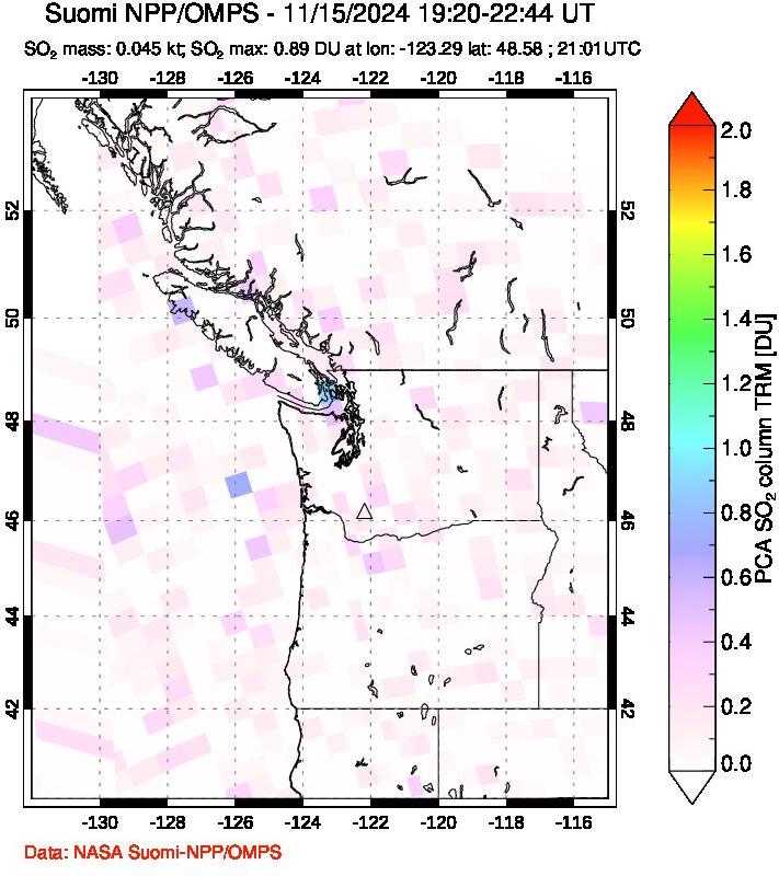 A sulfur dioxide image over Cascade Range, USA on Nov 15, 2024.