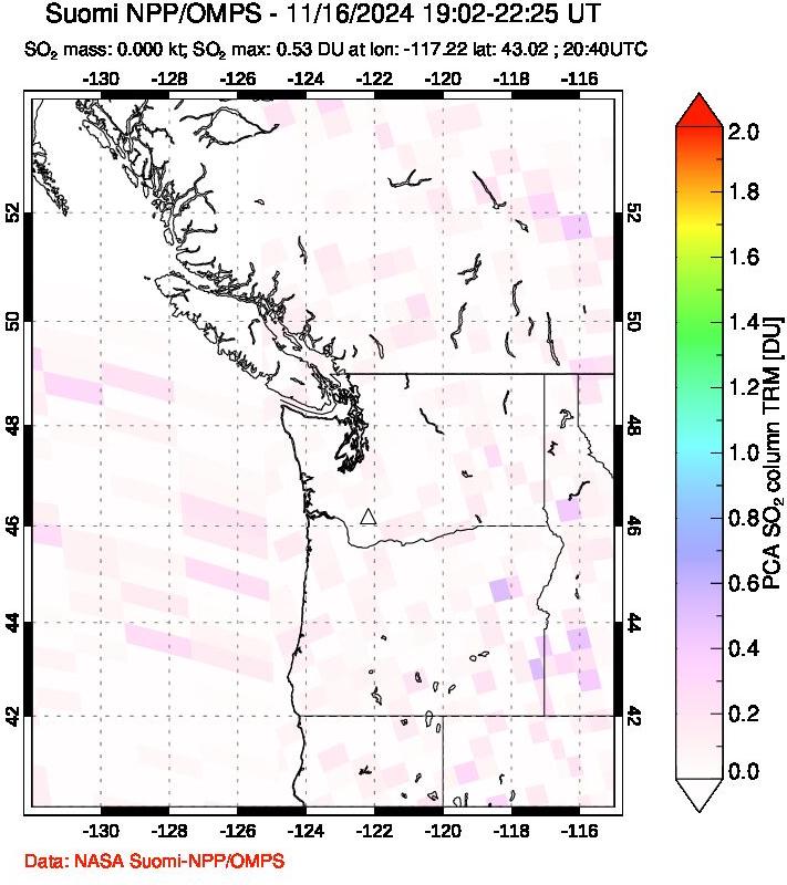 A sulfur dioxide image over Cascade Range, USA on Nov 16, 2024.