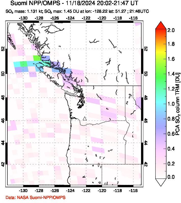 A sulfur dioxide image over Cascade Range, USA on Nov 18, 2024.