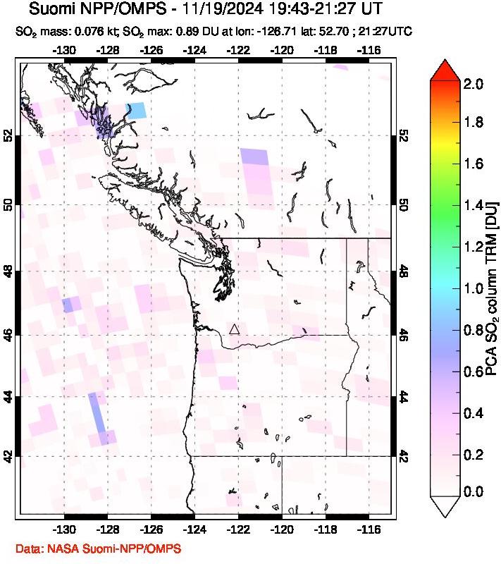 A sulfur dioxide image over Cascade Range, USA on Nov 19, 2024.