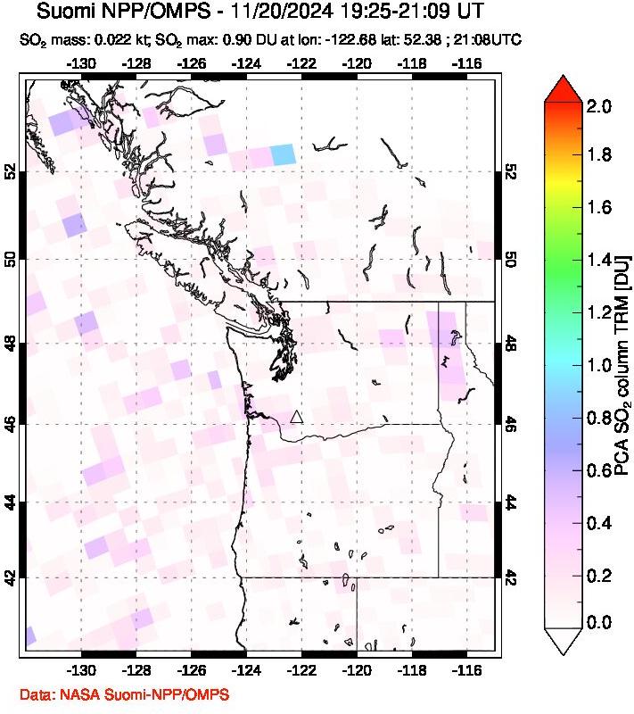 A sulfur dioxide image over Cascade Range, USA on Nov 20, 2024.