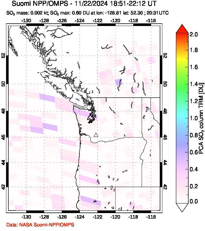 A sulfur dioxide image over Cascade Range, USA on Nov 22, 2024.