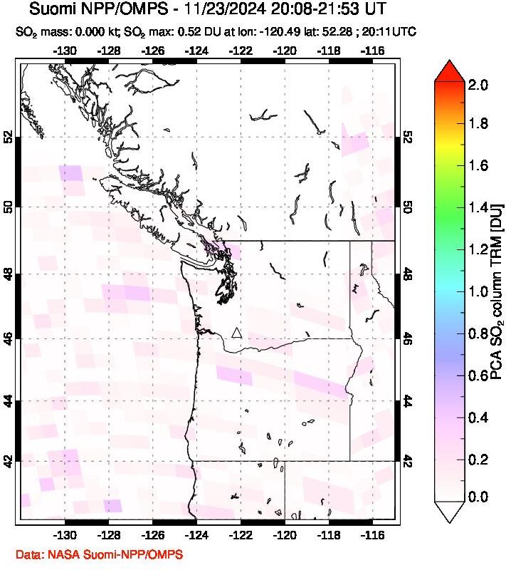 A sulfur dioxide image over Cascade Range, USA on Nov 23, 2024.