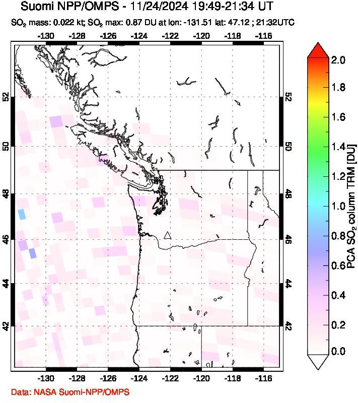 A sulfur dioxide image over Cascade Range, USA on Nov 24, 2024.