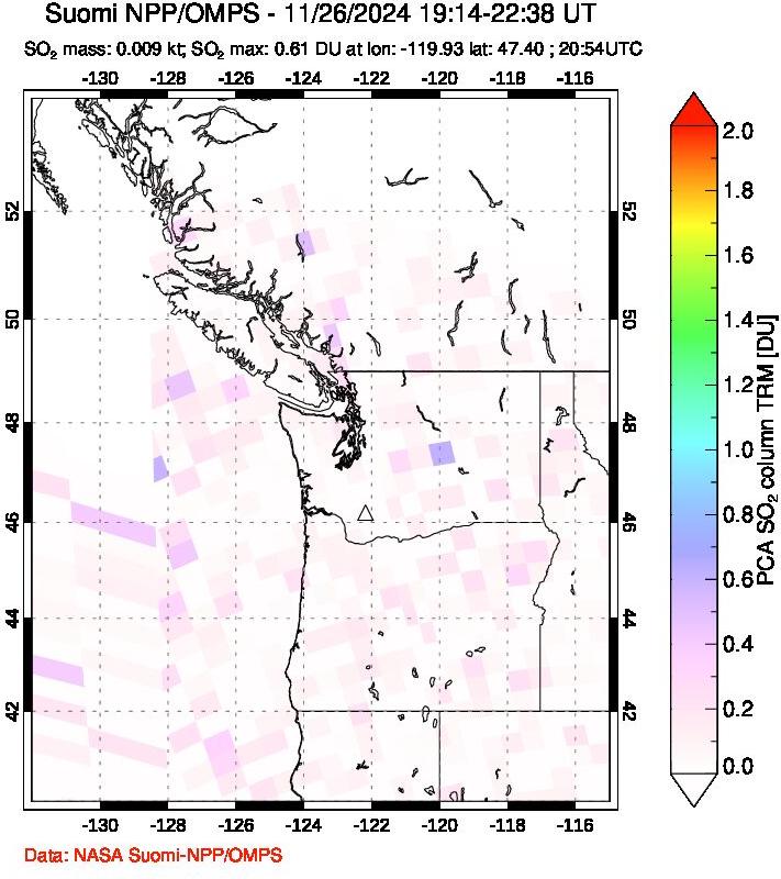 A sulfur dioxide image over Cascade Range, USA on Nov 26, 2024.