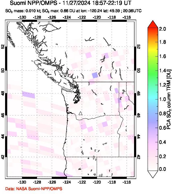 A sulfur dioxide image over Cascade Range, USA on Nov 27, 2024.