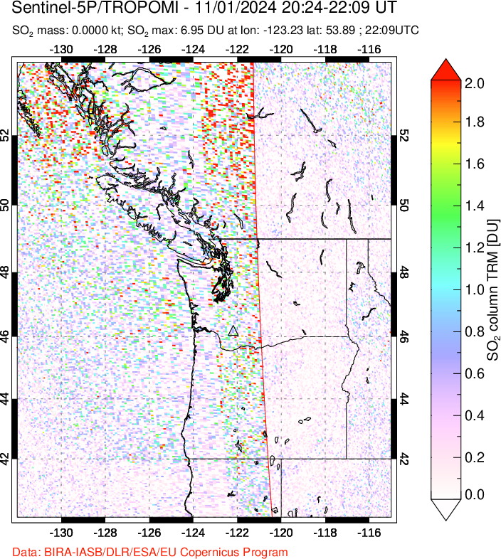 A sulfur dioxide image over Cascade Range, USA on Nov 01, 2024.