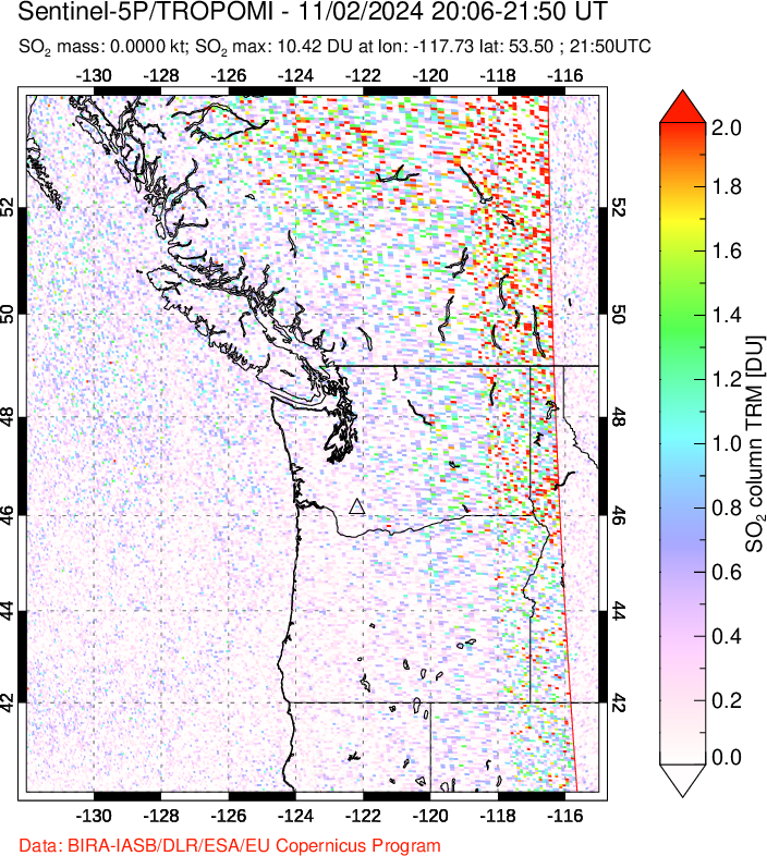 A sulfur dioxide image over Cascade Range, USA on Nov 02, 2024.