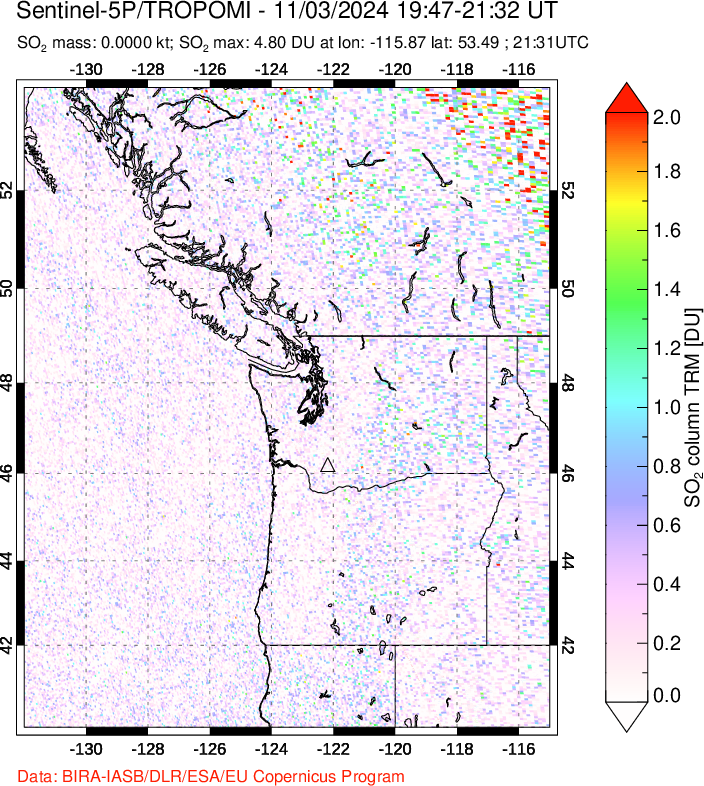 A sulfur dioxide image over Cascade Range, USA on Nov 03, 2024.