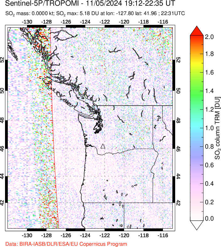 A sulfur dioxide image over Cascade Range, USA on Nov 05, 2024.