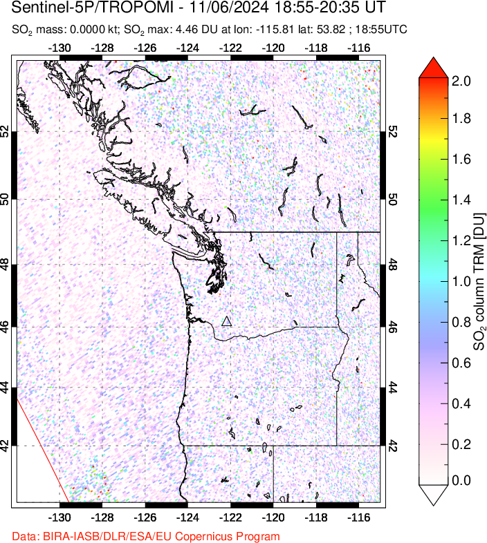 A sulfur dioxide image over Cascade Range, USA on Nov 06, 2024.