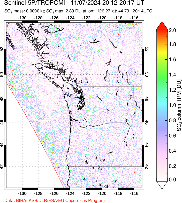 A sulfur dioxide image over Cascade Range, USA on Nov 07, 2024.