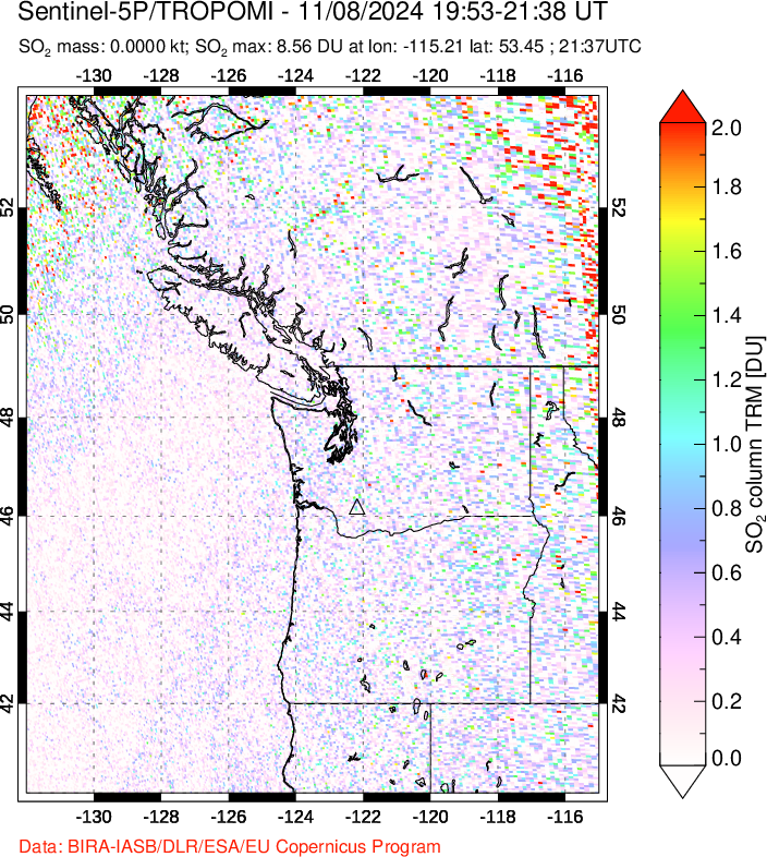 A sulfur dioxide image over Cascade Range, USA on Nov 08, 2024.