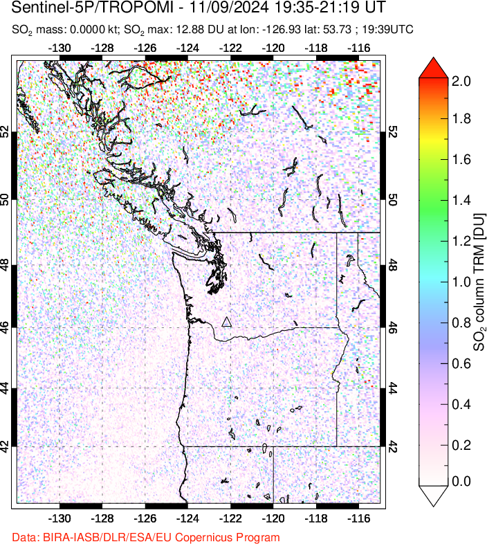 A sulfur dioxide image over Cascade Range, USA on Nov 09, 2024.