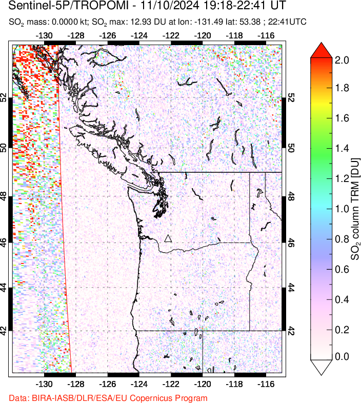 A sulfur dioxide image over Cascade Range, USA on Nov 10, 2024.