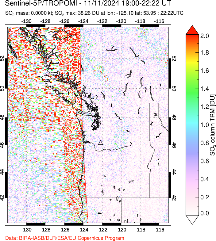 A sulfur dioxide image over Cascade Range, USA on Nov 11, 2024.