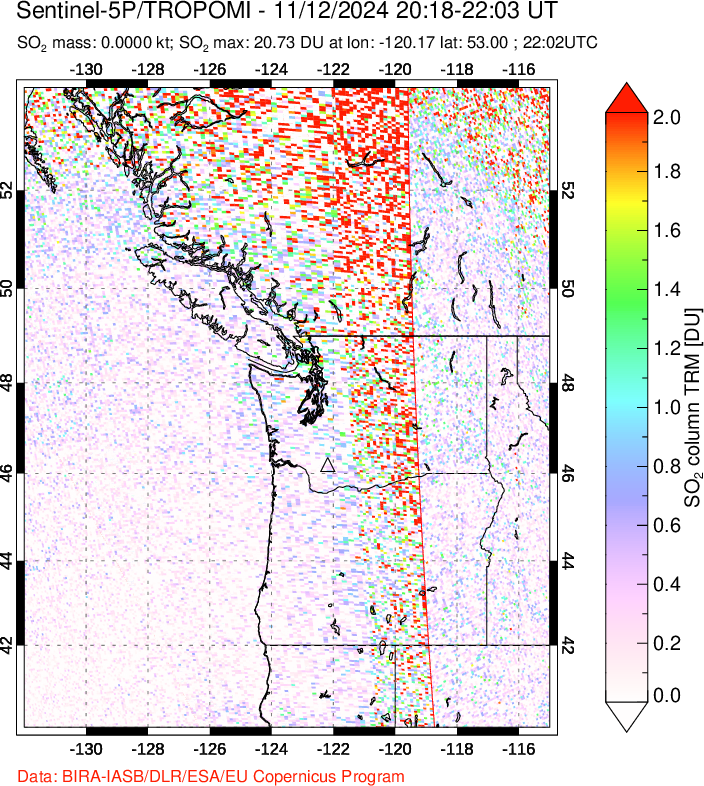 A sulfur dioxide image over Cascade Range, USA on Nov 12, 2024.