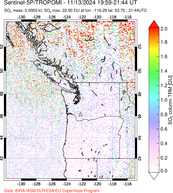 A sulfur dioxide image over Cascade Range, USA on Nov 13, 2024.