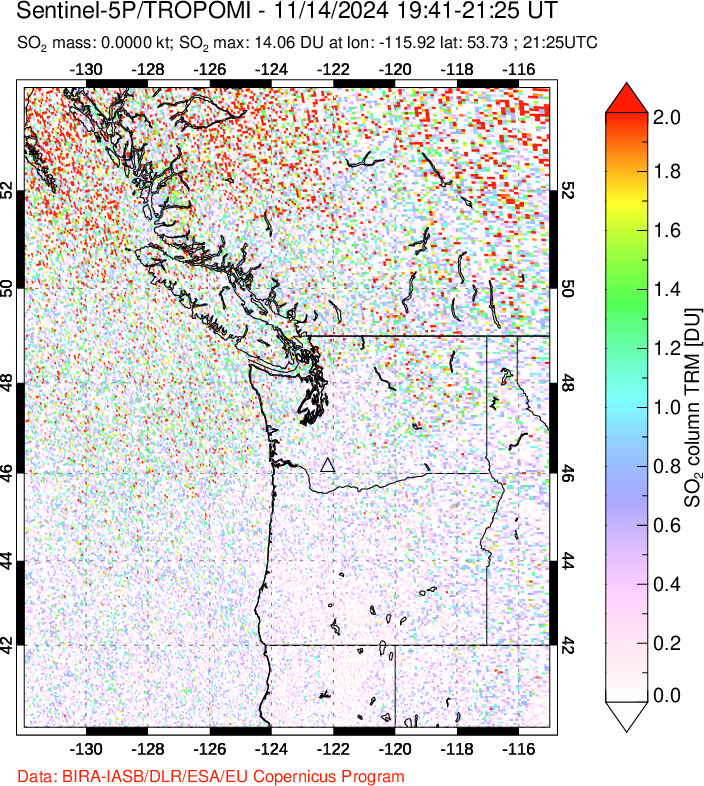 A sulfur dioxide image over Cascade Range, USA on Nov 14, 2024.