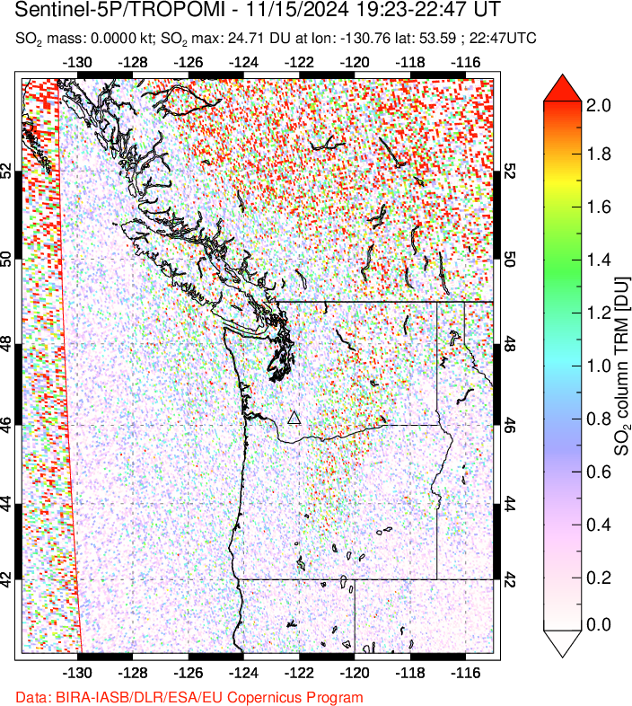 A sulfur dioxide image over Cascade Range, USA on Nov 15, 2024.