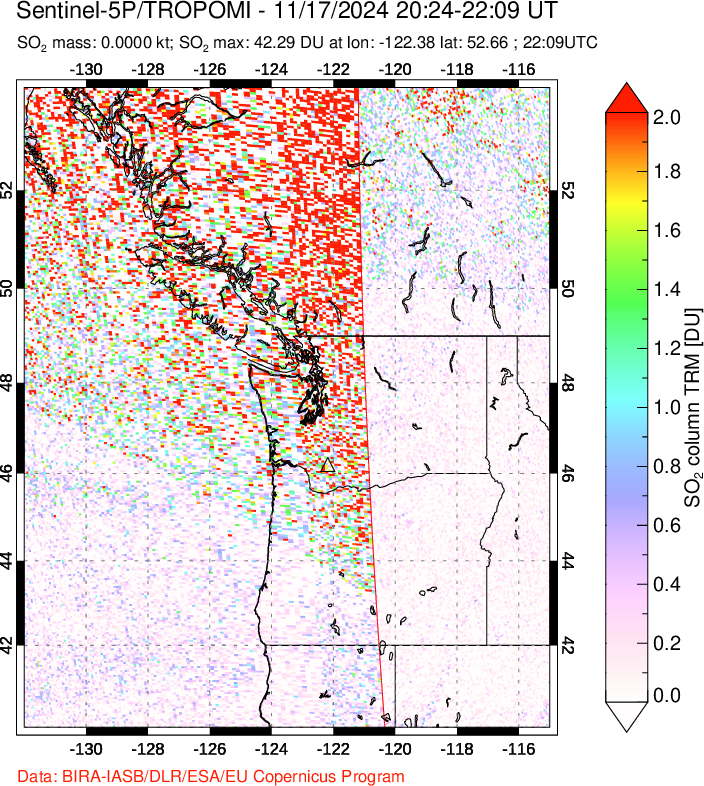 A sulfur dioxide image over Cascade Range, USA on Nov 17, 2024.