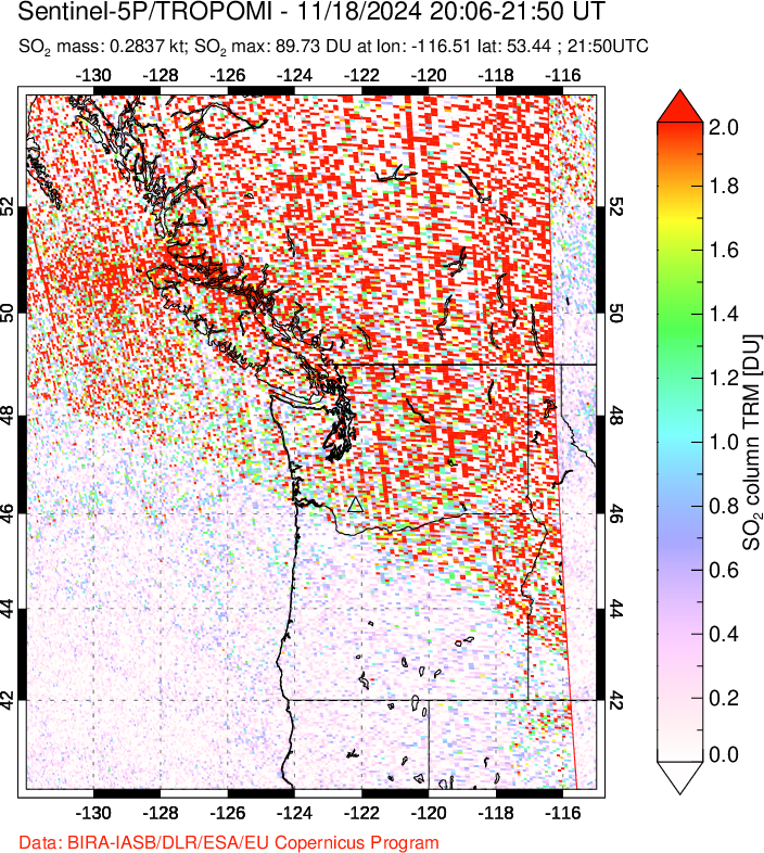 A sulfur dioxide image over Cascade Range, USA on Nov 18, 2024.