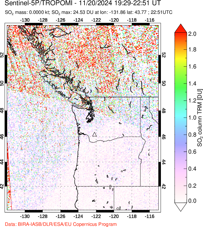 A sulfur dioxide image over Cascade Range, USA on Nov 20, 2024.