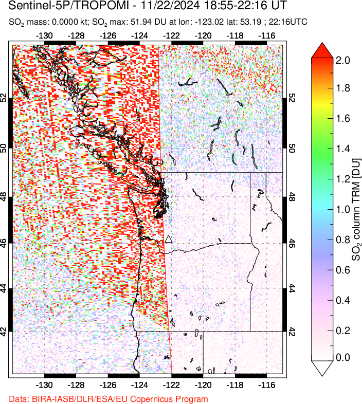 A sulfur dioxide image over Cascade Range, USA on Nov 22, 2024.