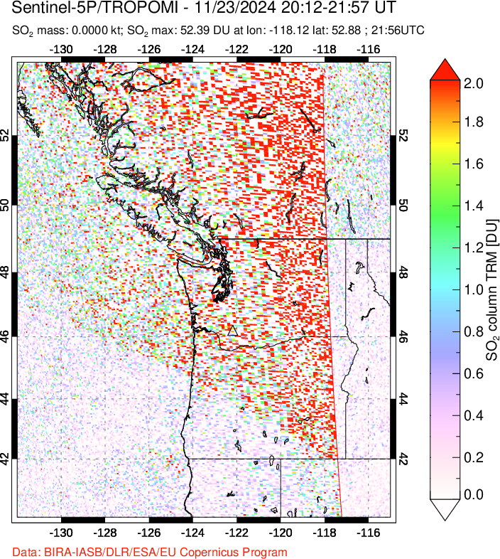 A sulfur dioxide image over Cascade Range, USA on Nov 23, 2024.