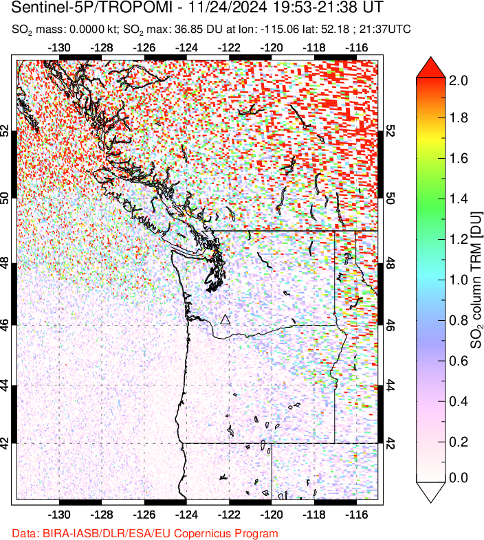 A sulfur dioxide image over Cascade Range, USA on Nov 24, 2024.