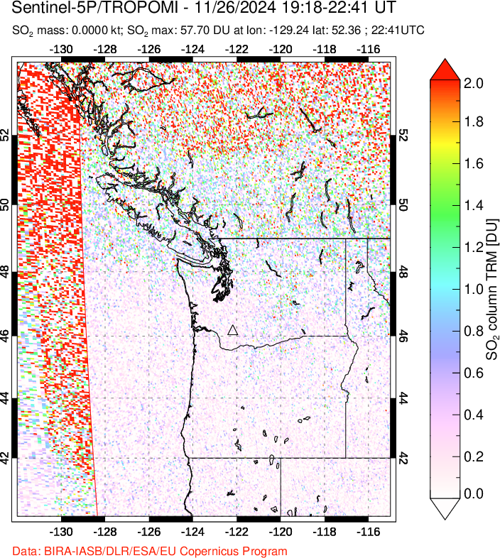 A sulfur dioxide image over Cascade Range, USA on Nov 26, 2024.