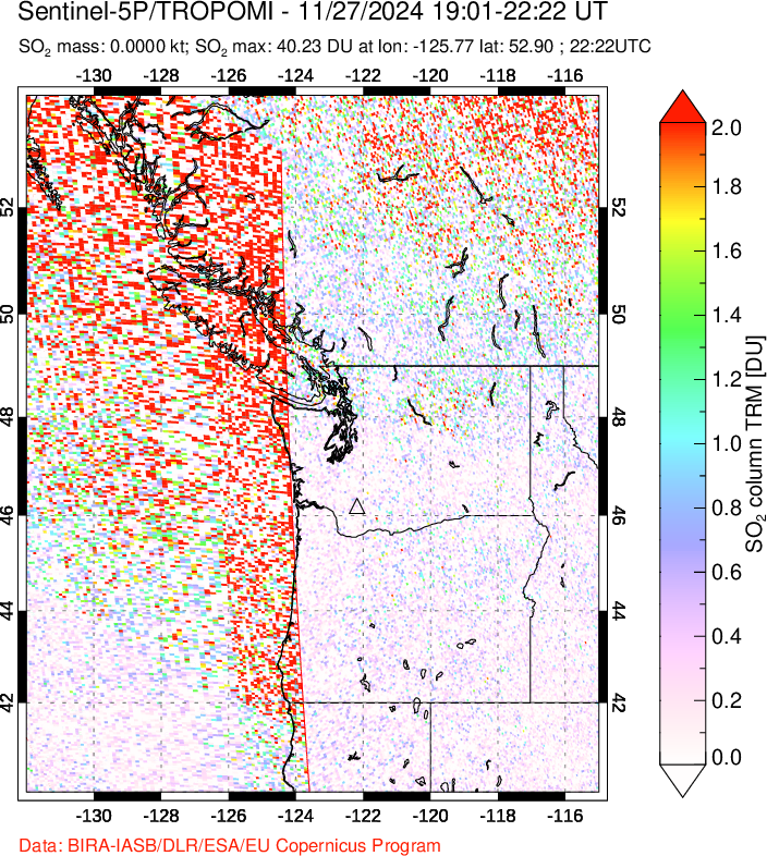 A sulfur dioxide image over Cascade Range, USA on Nov 27, 2024.