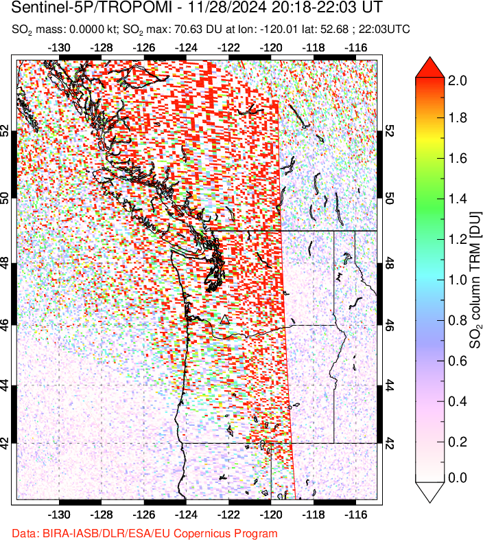 A sulfur dioxide image over Cascade Range, USA on Nov 28, 2024.