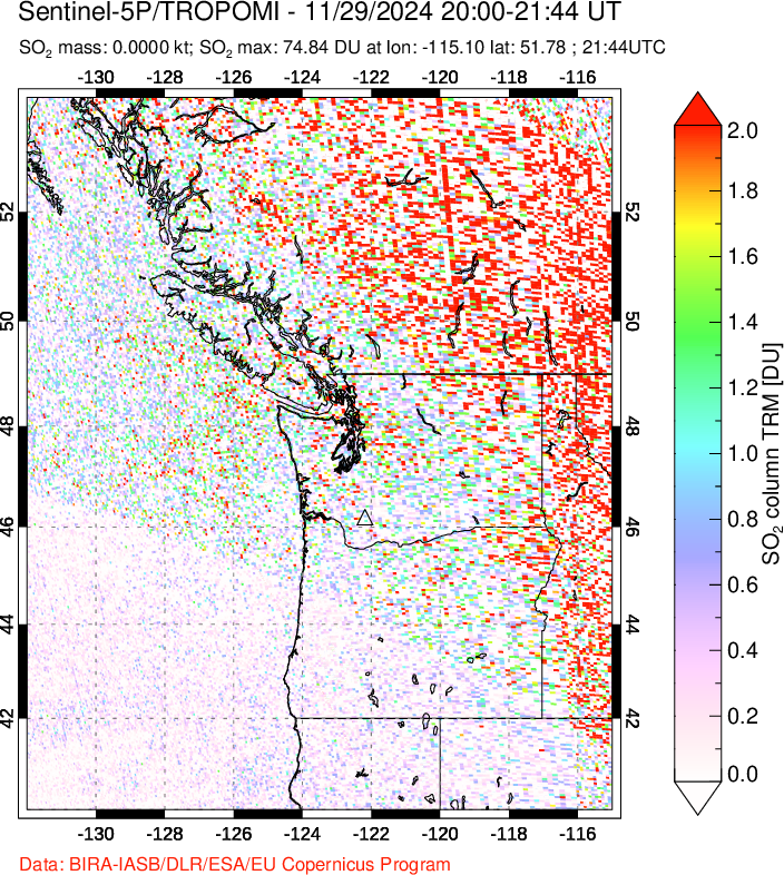 A sulfur dioxide image over Cascade Range, USA on Nov 29, 2024.