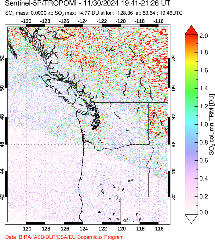 A sulfur dioxide image over Cascade Range, USA on Nov 30, 2024.