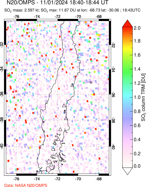 A sulfur dioxide image over Central Chile on Nov 01, 2024.