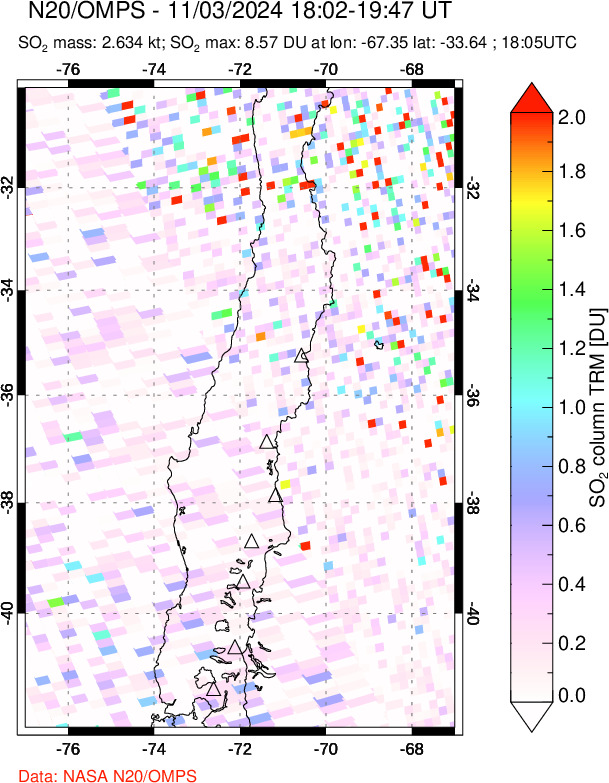 A sulfur dioxide image over Central Chile on Nov 03, 2024.