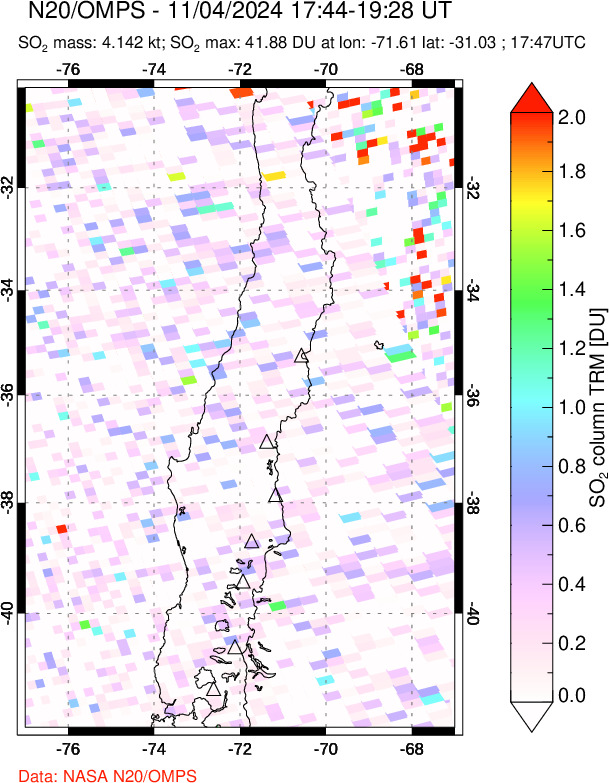 A sulfur dioxide image over Central Chile on Nov 04, 2024.