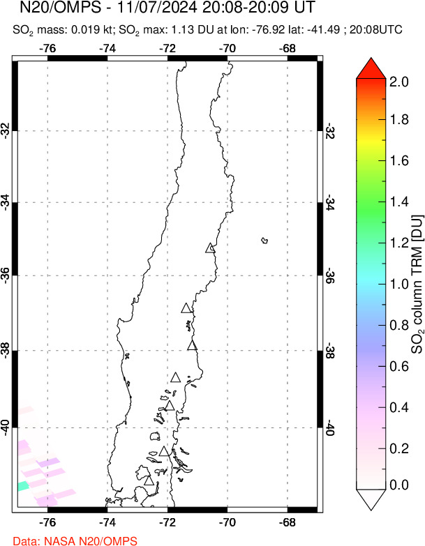 A sulfur dioxide image over Central Chile on Nov 07, 2024.