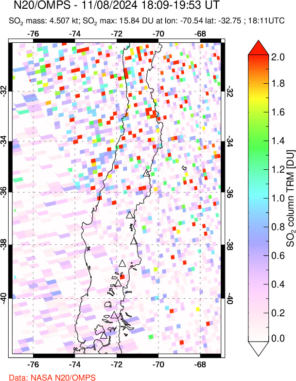 A sulfur dioxide image over Central Chile on Nov 08, 2024.