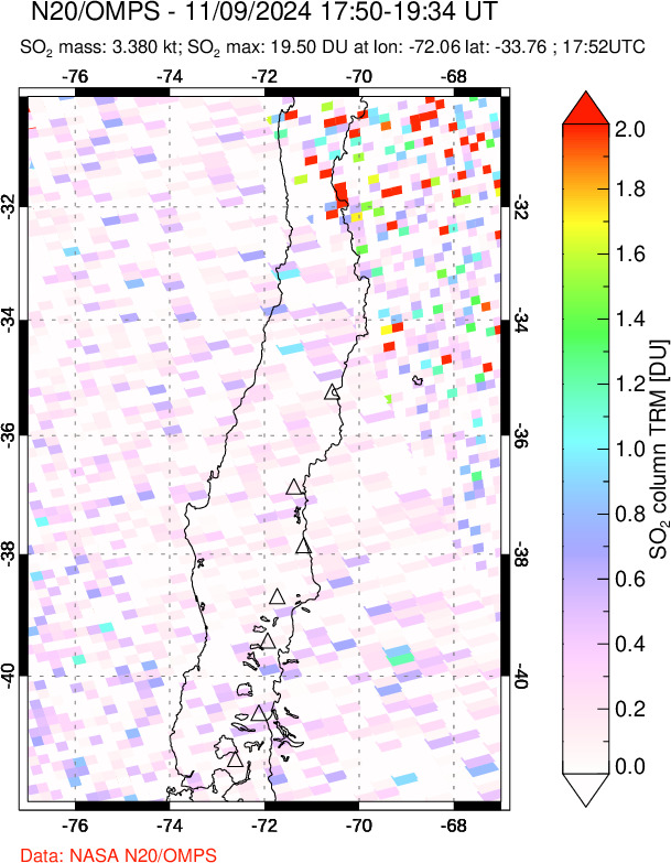 A sulfur dioxide image over Central Chile on Nov 09, 2024.