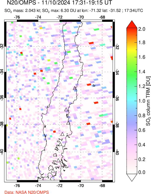 A sulfur dioxide image over Central Chile on Nov 10, 2024.