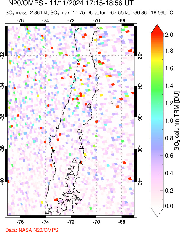 A sulfur dioxide image over Central Chile on Nov 11, 2024.