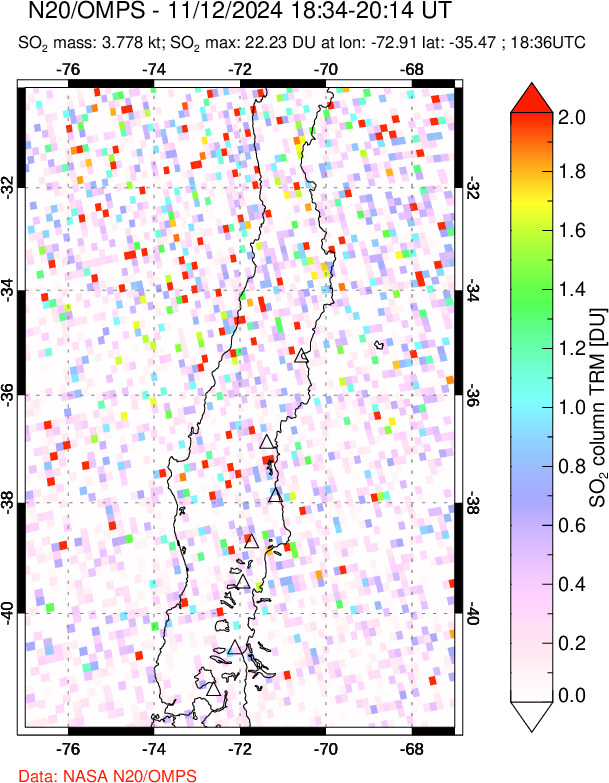 A sulfur dioxide image over Central Chile on Nov 12, 2024.