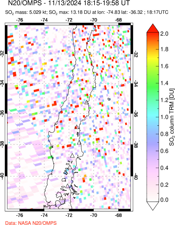 A sulfur dioxide image over Central Chile on Nov 13, 2024.