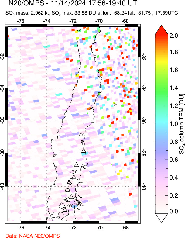 A sulfur dioxide image over Central Chile on Nov 14, 2024.