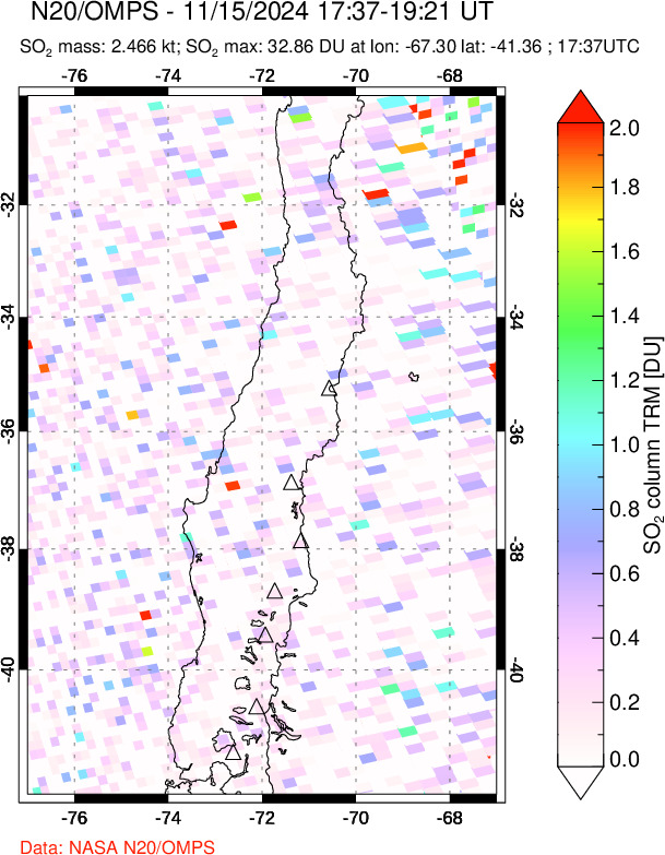 A sulfur dioxide image over Central Chile on Nov 15, 2024.