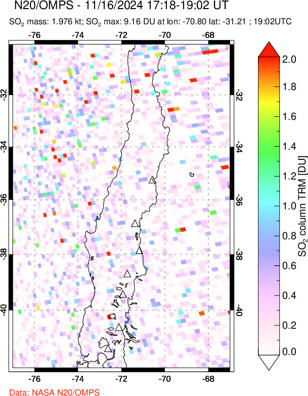 A sulfur dioxide image over Central Chile on Nov 16, 2024.