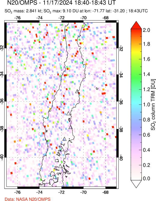 A sulfur dioxide image over Central Chile on Nov 17, 2024.